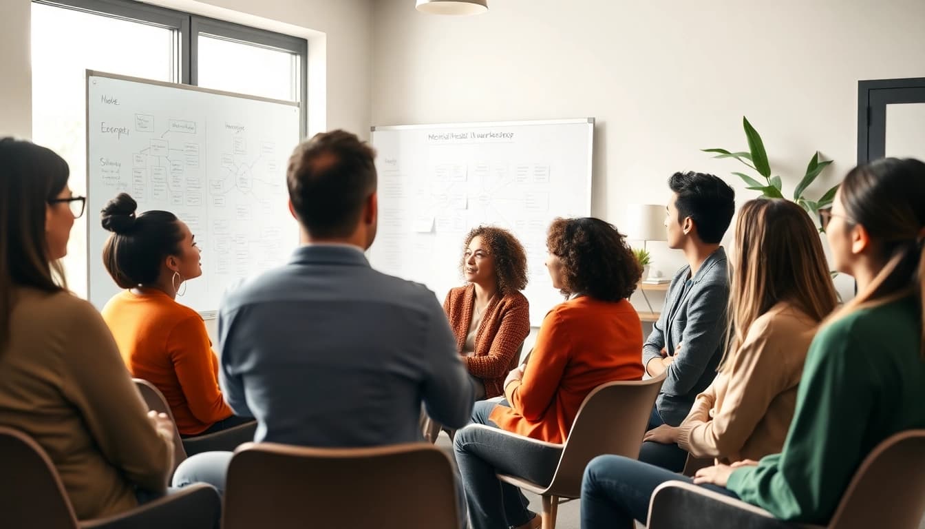 Engage in mental health awareness discussions at an interactive workshop with diverse participants.