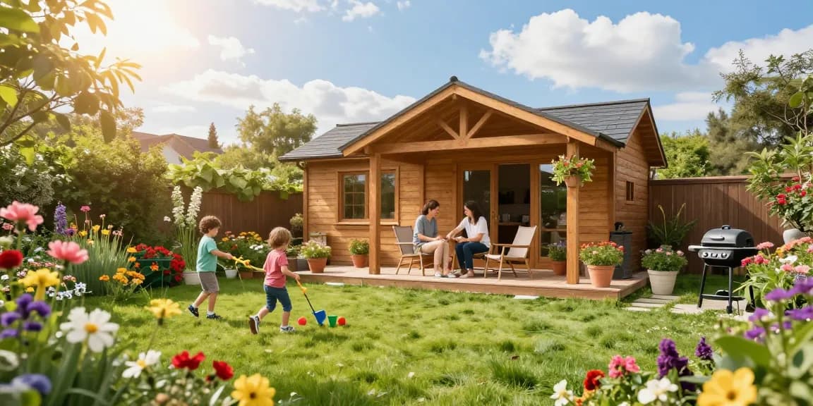 Gartenhaus kaufen für einladende Gartenszenen mit Familie, blühenden Pflanzen und sonniger Atmosphäre