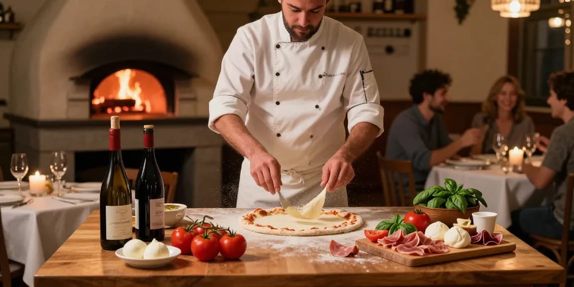 Authentic Italian pizzeria scene showcasing the chef preparing pg soft pizza with fresh ingredients in a warm, inviting atmosphere.