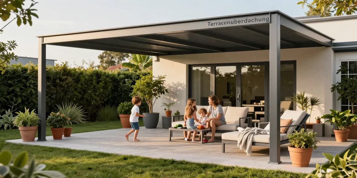 Familie genießt Zeit unter einer Terrassenüberdachung mit Gartenblick.