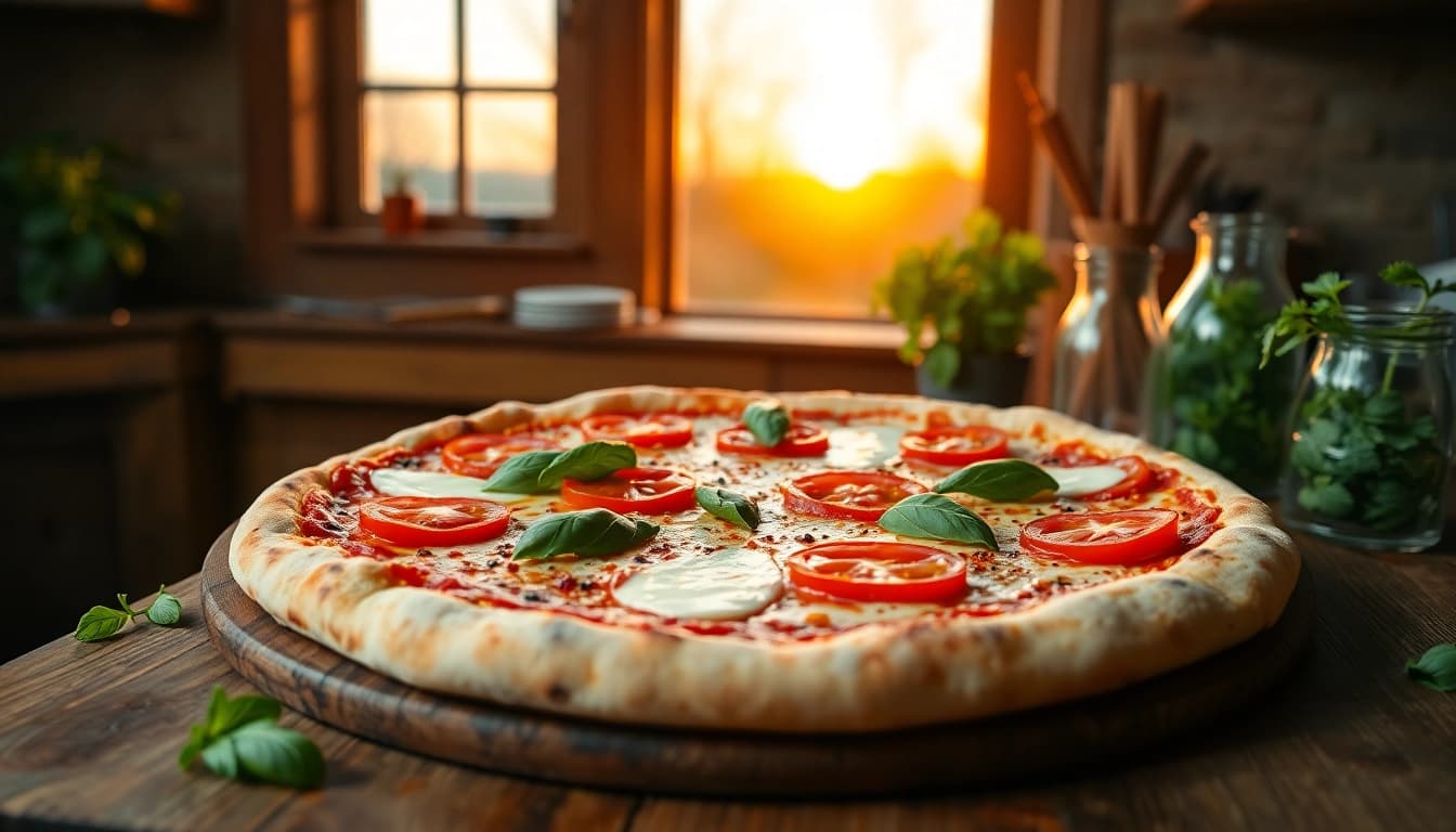 Genießen Sie eine frisch gebackene Pizza mit köstlichen Zutaten und perfektem Belag.