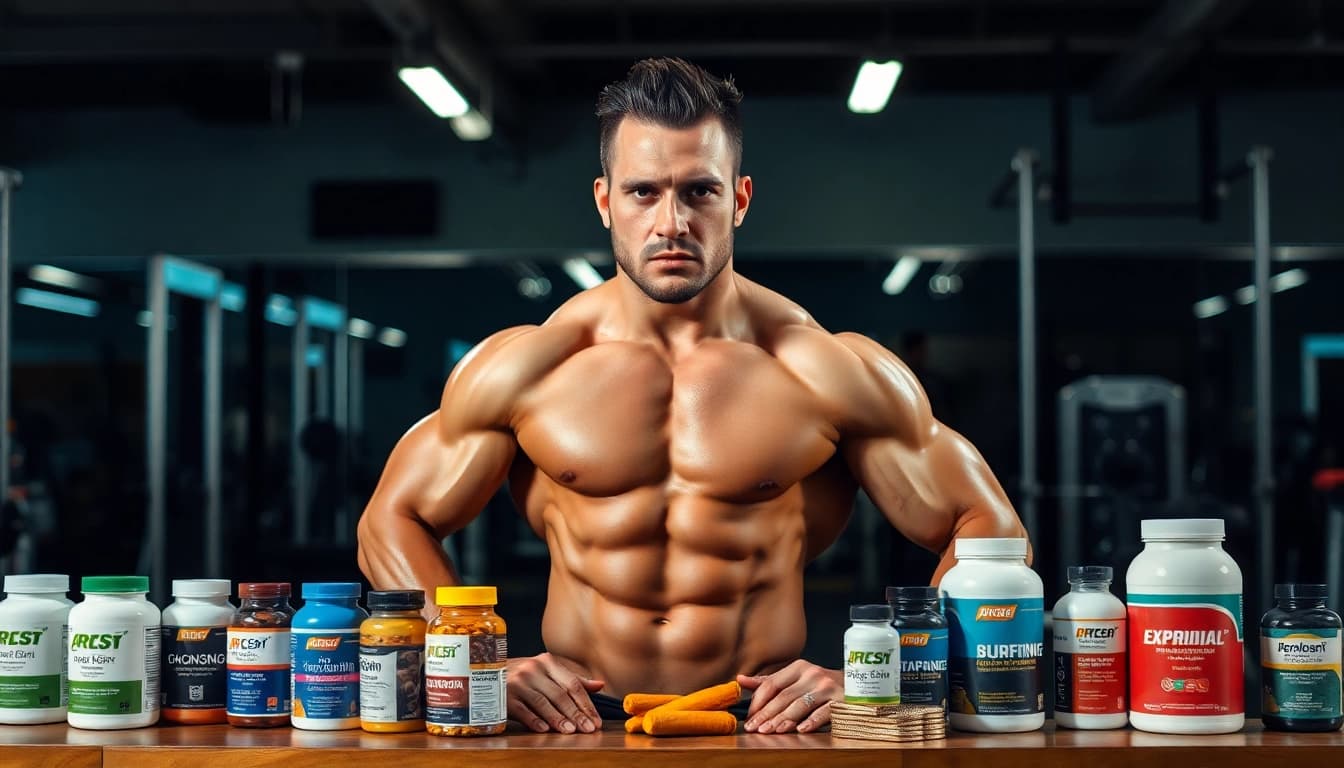 Bild eines muskulösen Fitnesssportlers mit Unique Pharma Steroids im Hintergrund