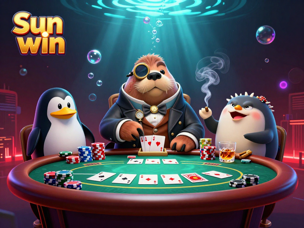 Watch a jolly walrus play poker at the Sun win underwater casino table.