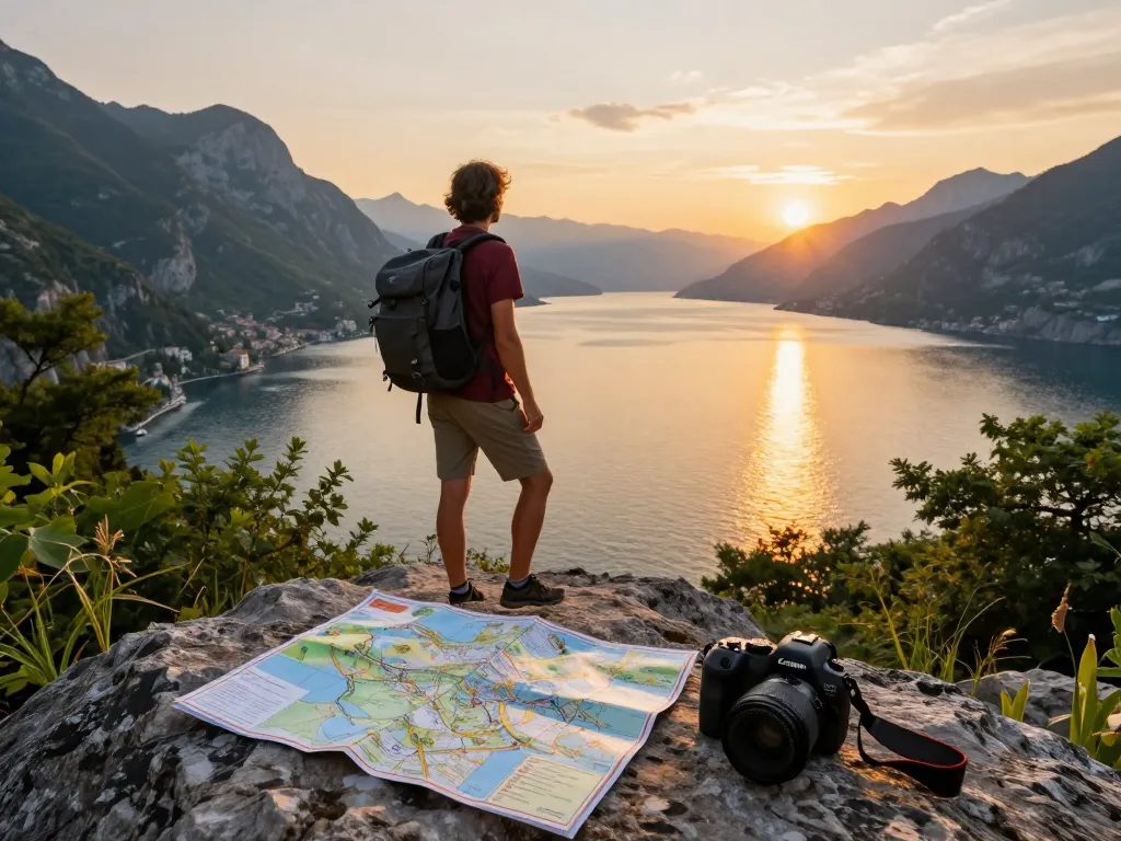 Genießen Sie die Schönheit des Urlaubs am Gardasee mit einem Reisenden, der den Sonnenuntergang betrachtet.