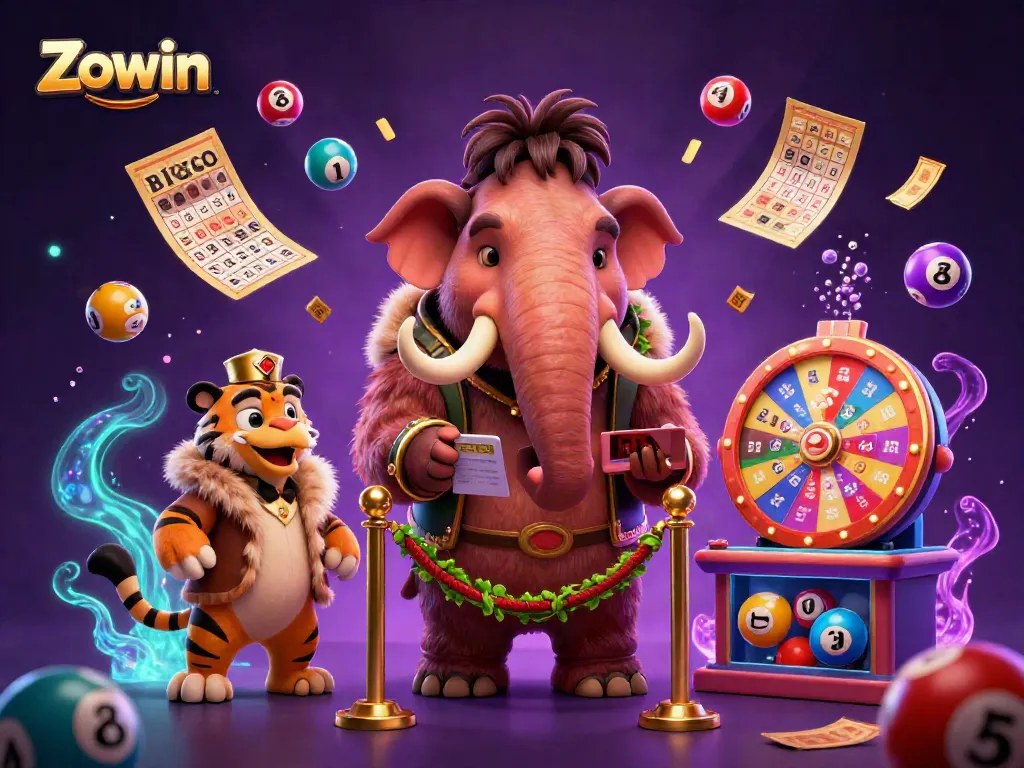 Zowin features a vibrant 3D casino scene with a woolly mammoth checking IDs and dynamic lottery elements.