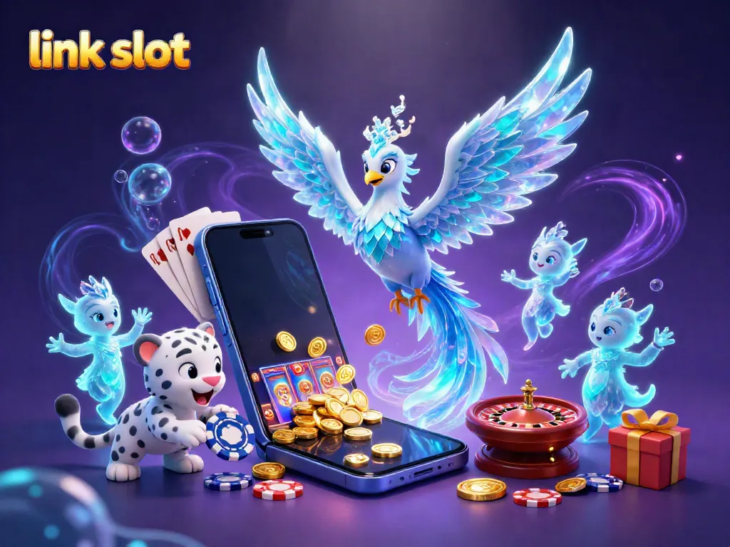 Experience thrilling action with link slot, featuring an ice phoenix, playful leopard cub, and vibrant casino elements.