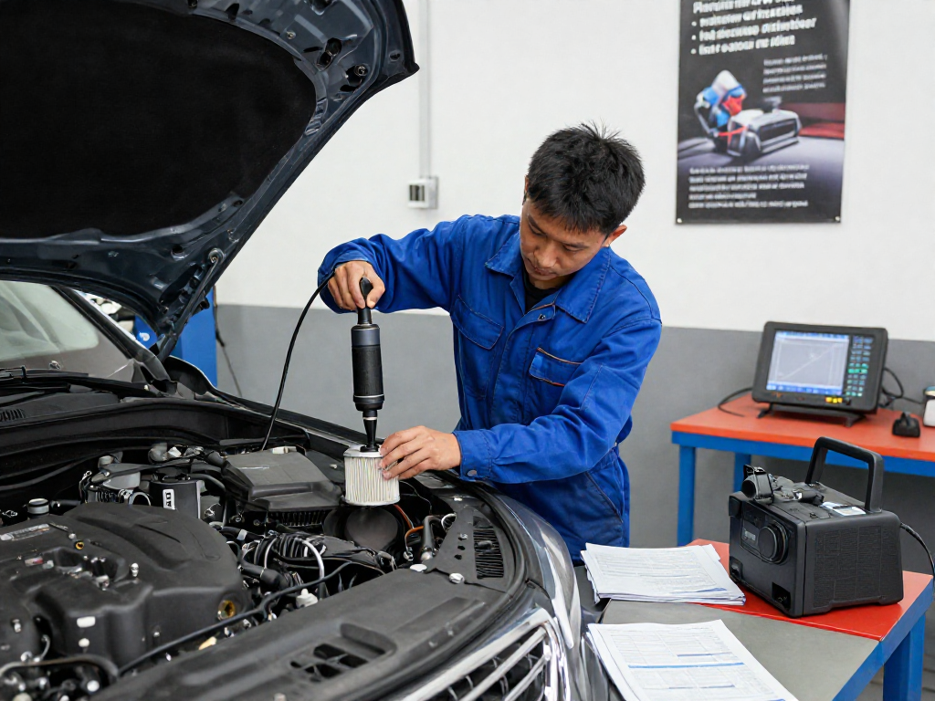 Techniker reinigt DPF im Auto mit professionellem Equipment für DPF-Reinigung in einer modernen Werkstatt.