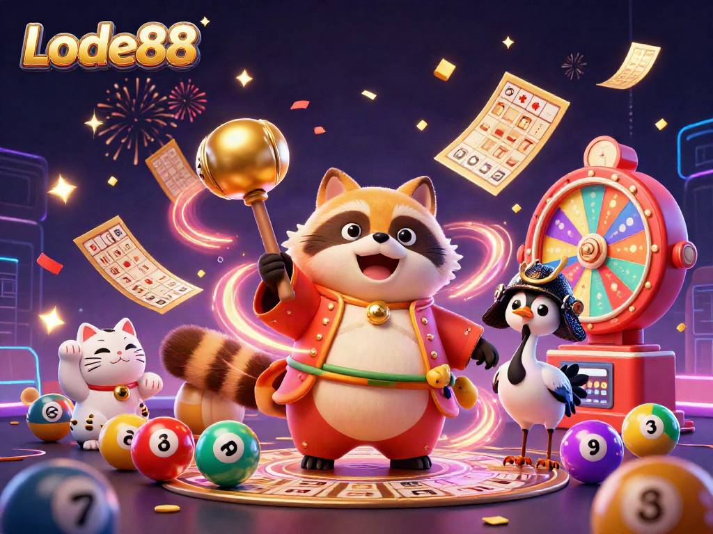 Experience thrilling wins at Lode88 with colorful lottery elements and playful characters creating a festive atmosphere.