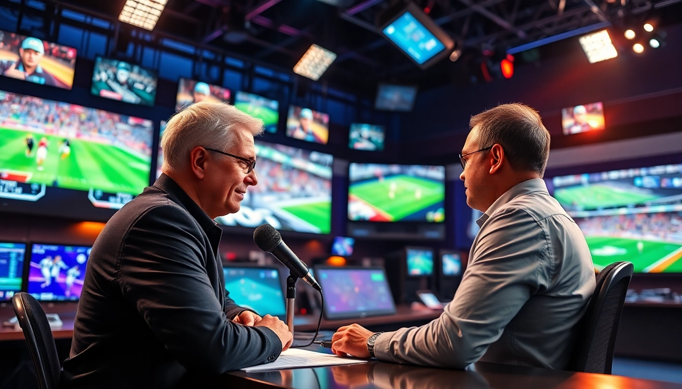 Engaged analyst in a vibrant sports broadcasting studio discussing live events.