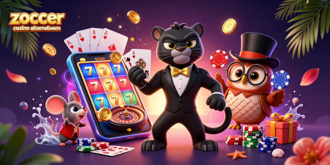Die Darstellung von zoccer casino alternativen zeigt einen stilvollen Panther, eine Süß-Eule und eine glückliche Maus beim Kartenspiel.