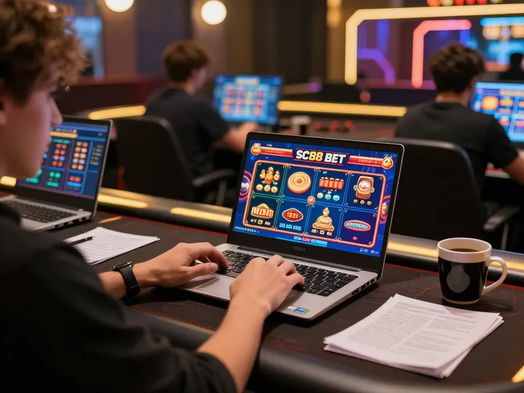 Engaging user experiences with SC88 BET gaming interface on laptop, showcasing strategy and excitement