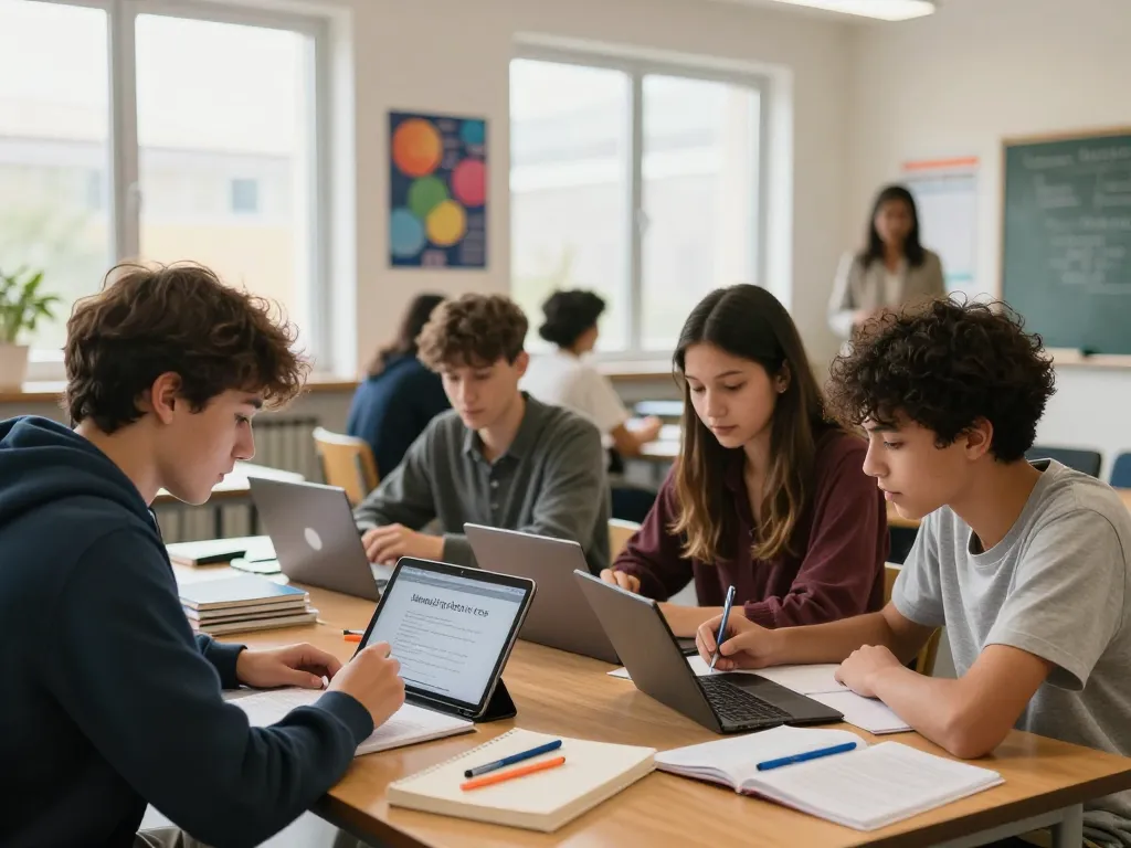 Schüler, die zusammenarbeiten und lernen, Hausaufgaben in einem hellen Klassenzimmer mit ansprechenden Materialien zu lösen.