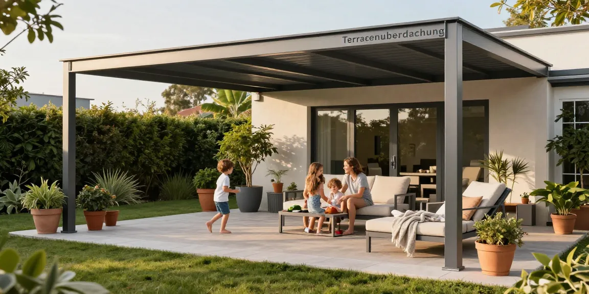 Familie genießt Zeit unter einer Terrassenüberdachung mit Gartenblick.