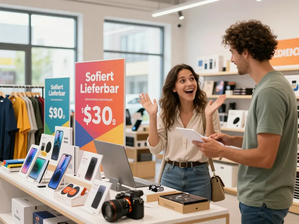 Einkäufer, die an einem lebhaften E-Commerce-Erlebnis mit sofort lieferbaren Artikeln teilnehmen.