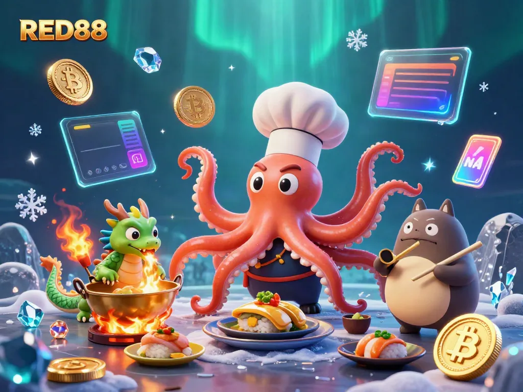 Experience thrilling games at RED88 with a vibrant illustration of unique characters and exciting casino elements.