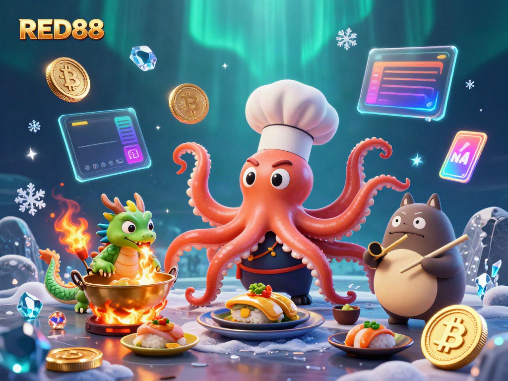 Experience thrilling games at RED88 with a vibrant illustration of unique characters and exciting casino elements.