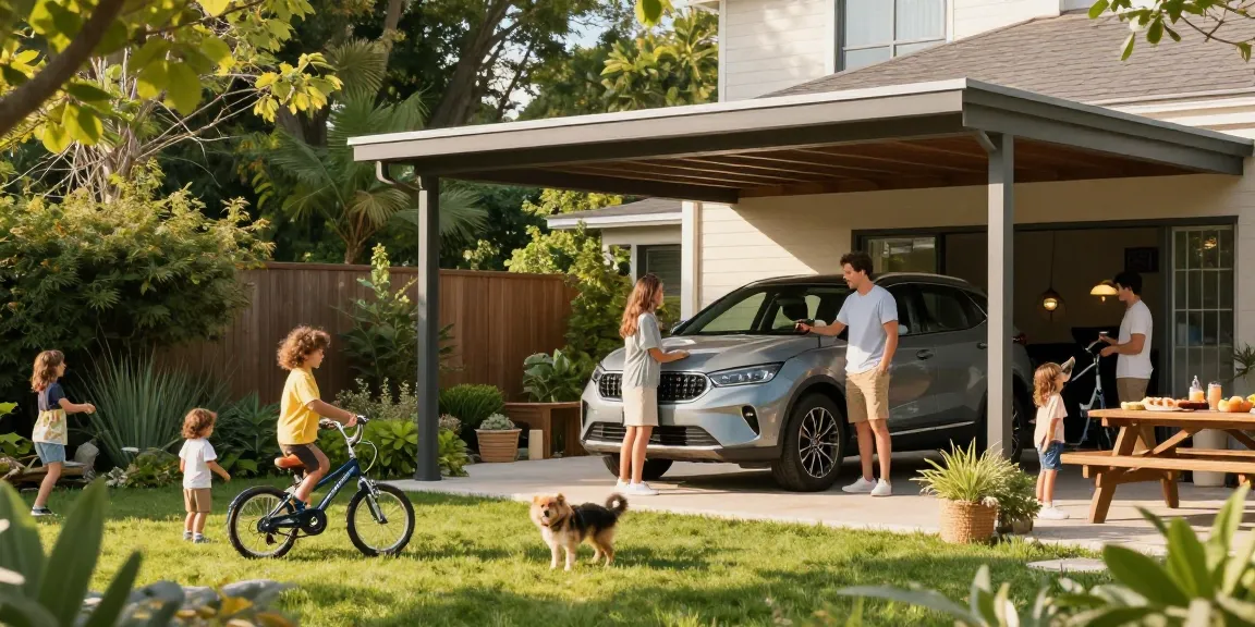 Ein moderner Carport schützt ein Auto im sonnigen Garten, während Kinder spielen.