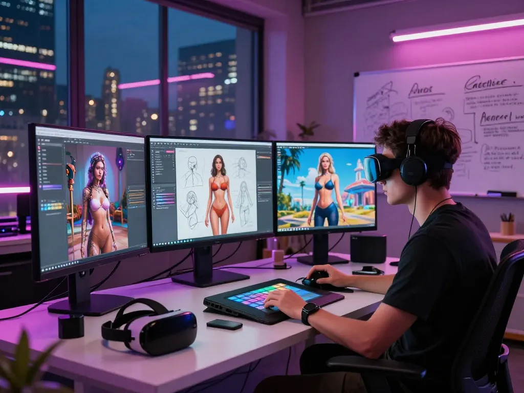 AI porn artist creating digital art in a modern studio, surrounded by neon lights and technology.