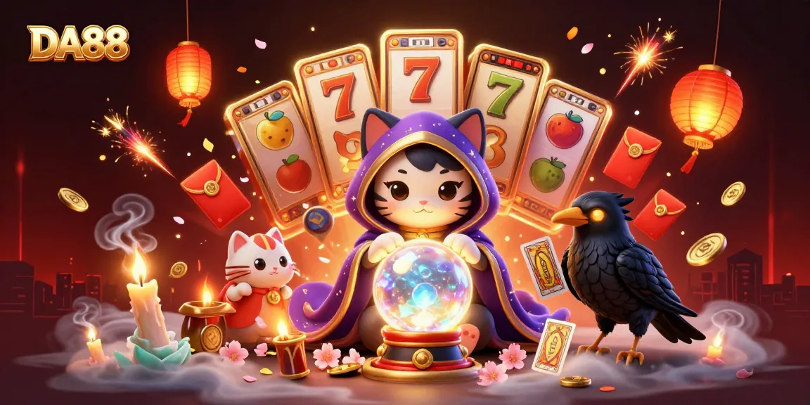 Experience winning at DA88 with a mystic cat and glowing raven in this vibrant casino scene.