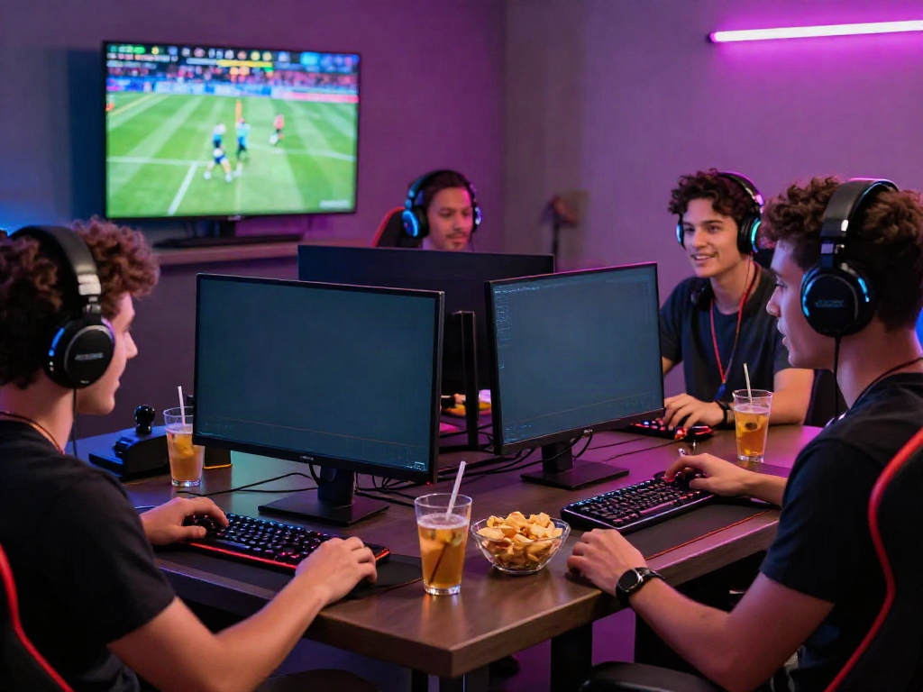 Exciting online gaming session at https://nbet.page/ with friends at computer and colorful lights.