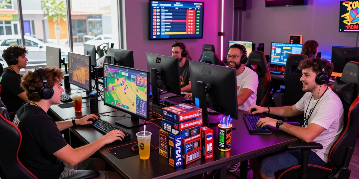 Exciting B52 CLUB gaming atmosphere at https://b52club.radio.fm/ with friends playing on high-end PCs and colorful LEDs.