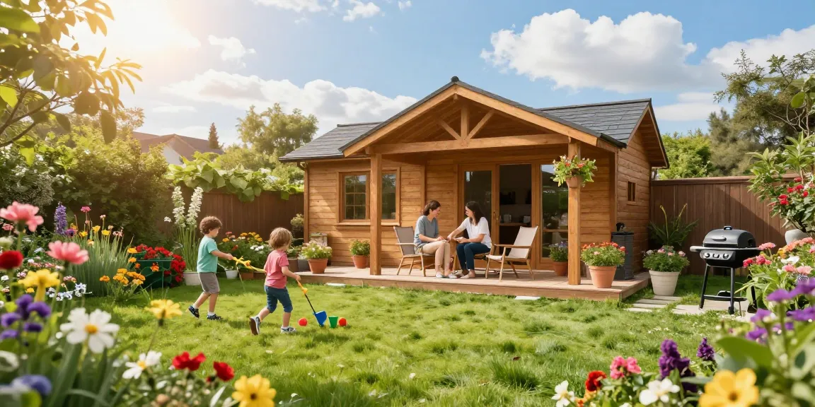 Gartenhaus kaufen für einladende Gartenszenen mit Familie, blühenden Pflanzen und sonniger Atmosphäre