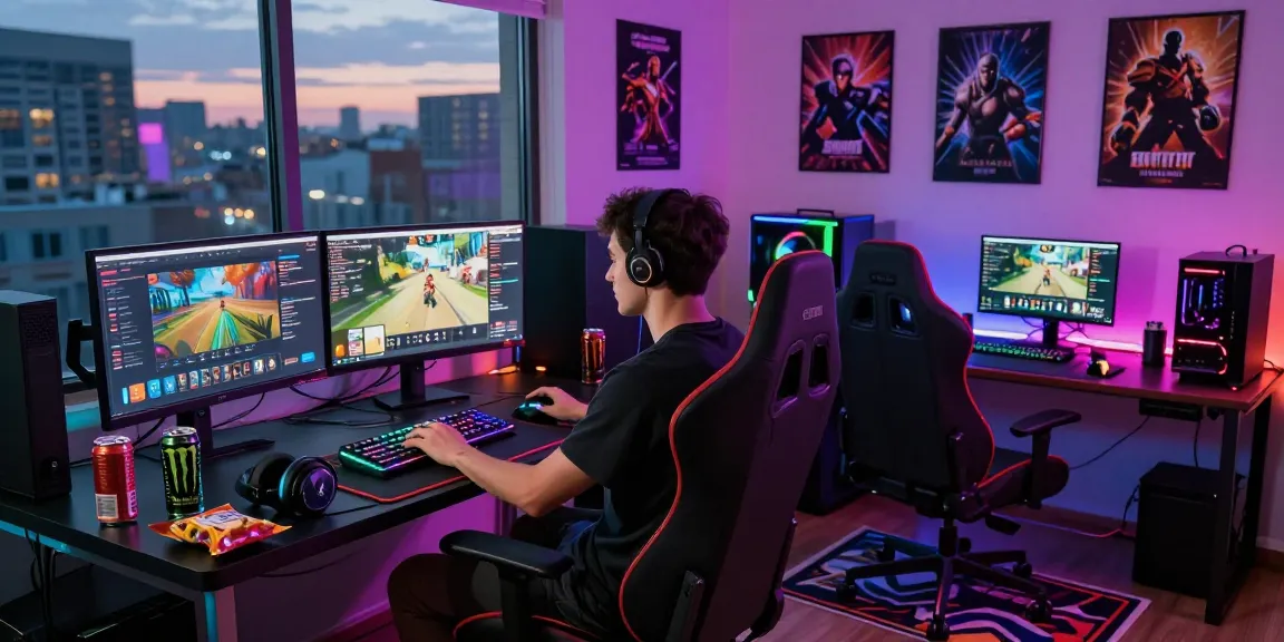Gamer immersed in FAFA828 gaming setup surrounded by vibrant peripherals and urban skyline.