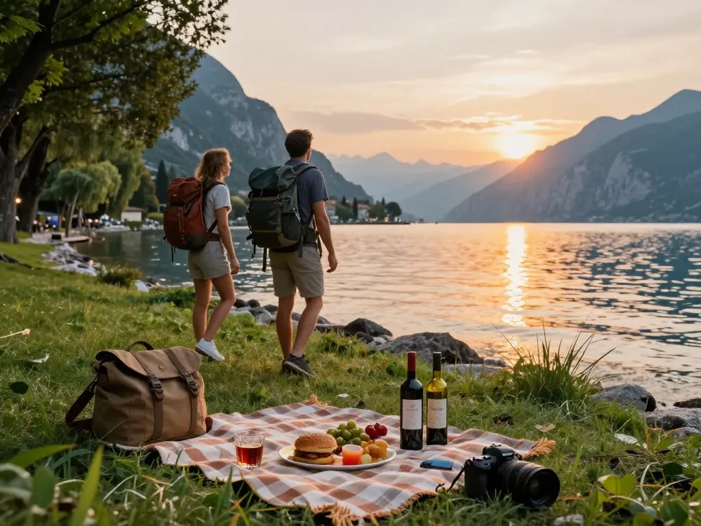 Paar genießt Gardasee Reisetipps bei Sonnenuntergang am Ufer, mit malerischen Ausblicken und kulinarischen Köstlichkeiten.