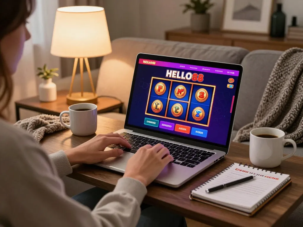 Engaging player enjoying HELLO88 online casino on laptop in cozy living room setting