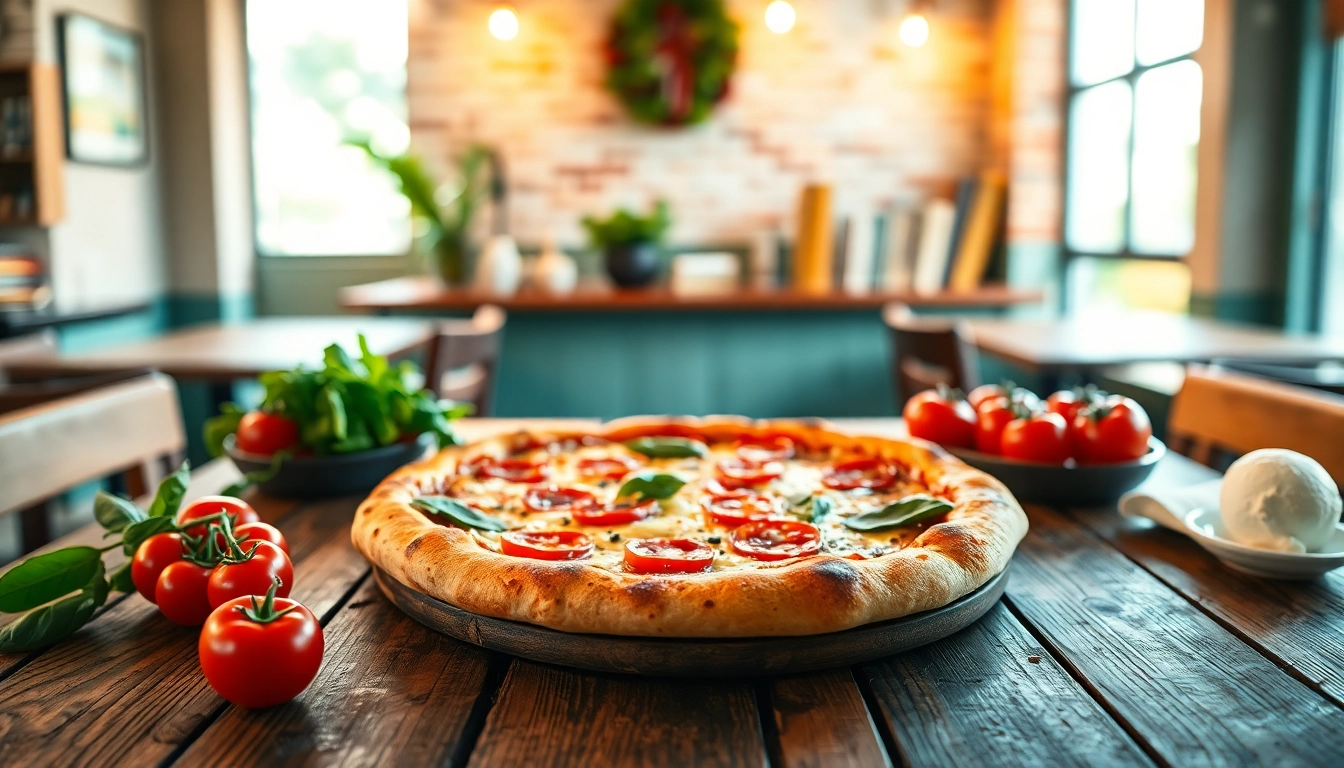 Entdecken Sie eine köstliche Pizza auf einem rustikalen Tisch, umgeben von frischen Zutaten.