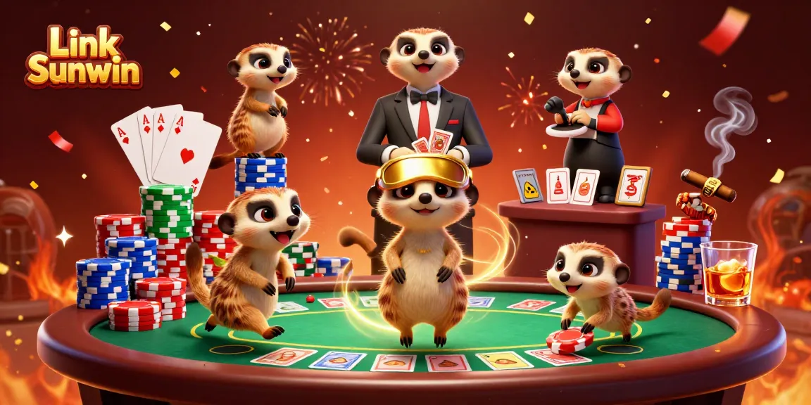 Experience excitement at Link Sunwin as meerkats run a vibrant casino operation with colorful poker chips.
