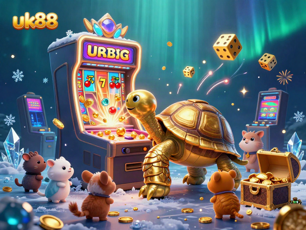 Experience the exciting world of uk88 with a golden tortoise pinball, jackpots, and vibrant casino elements.
