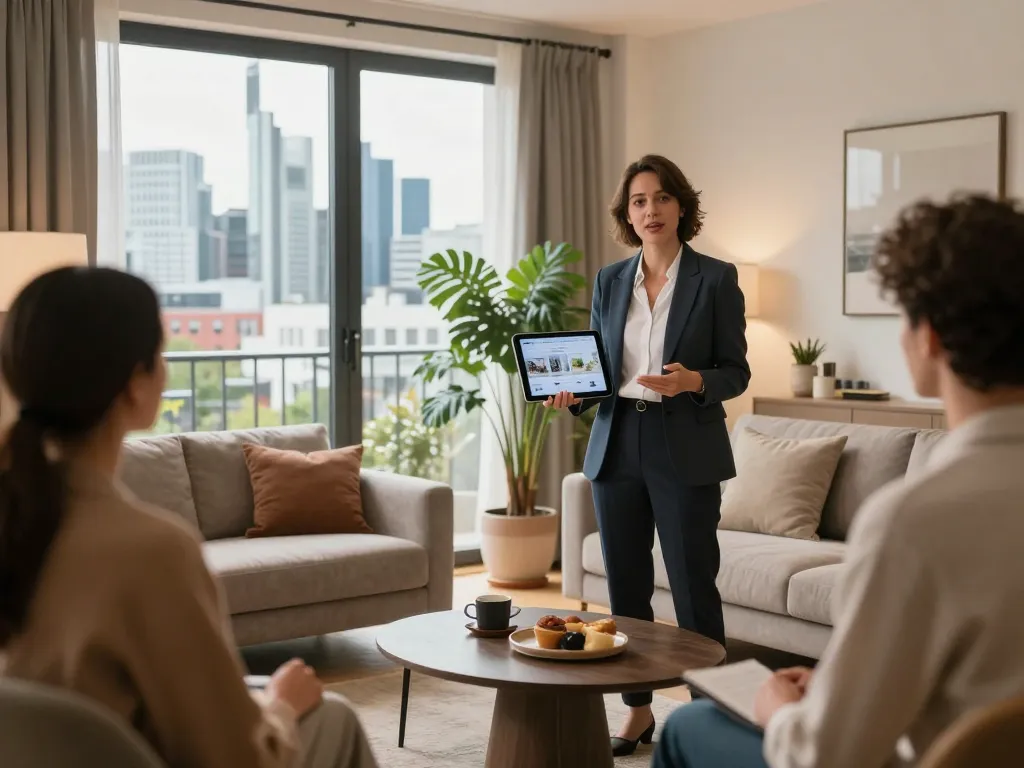 Immobilienmakler Frankfurt Preungesheim präsentiert eine moderne Wohnung mit natürlichem Licht und lebendiger Dekoration potenziellen Käufern.