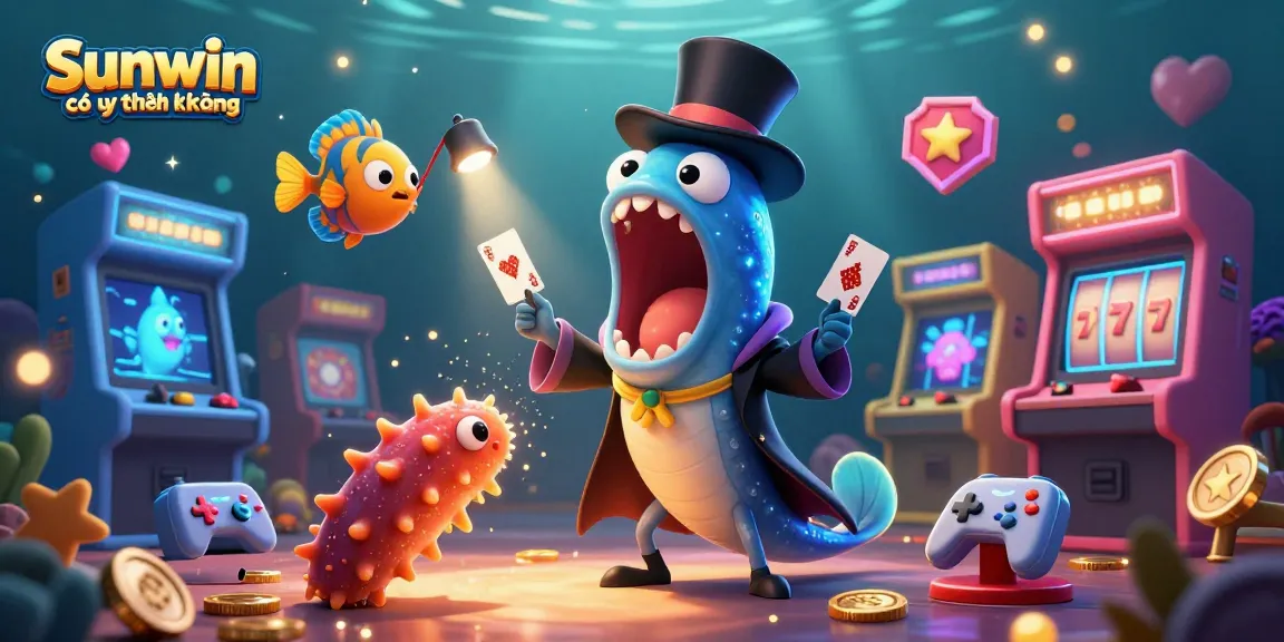 Engage with the dazzling scene of Sunwin có uy tín không featuring a bioluminescent eel magician amidst vibrant gaming elements.