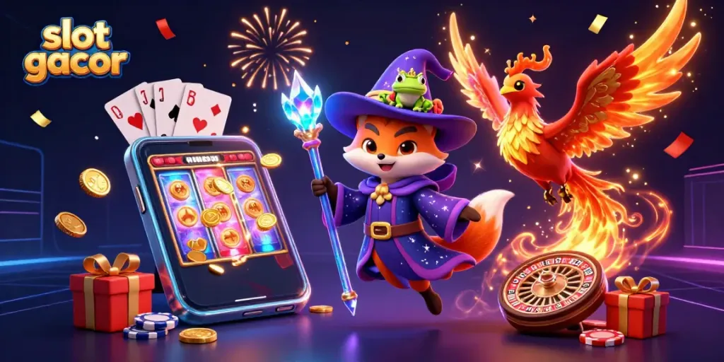 Witness a mystical fox wizard and phoenix creating winning magic with slot gacor gameplay.