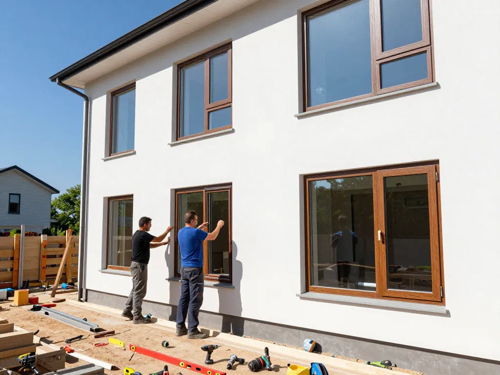 Handwerker installieren moderne Fensterbau-Fenster in einem Wohnbau.