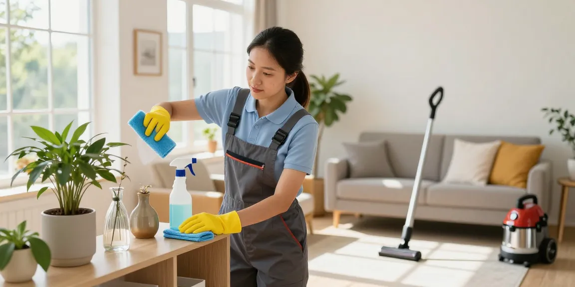 Professional cleaner in Bern ensuring spotless spaces for reinigungen bern with cleaning supplies in a vibrant living room.