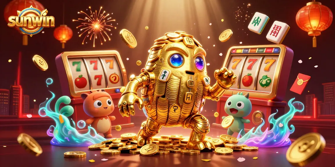 Engage with sunwin's vibrant slots scene featuring a golden golem and dynamic casino elements.