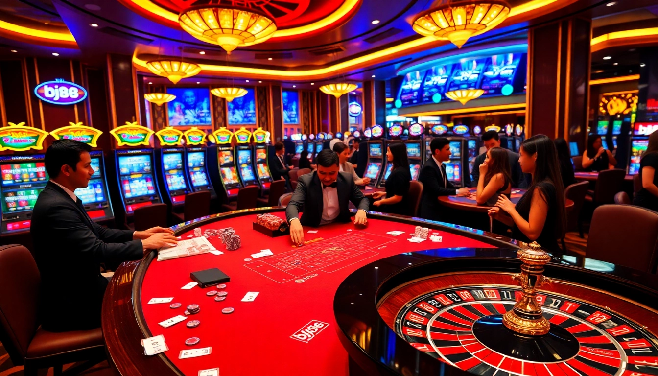 Experience high-stakes action at bj88, showcasing vibrant casino games and luxury ambiance.