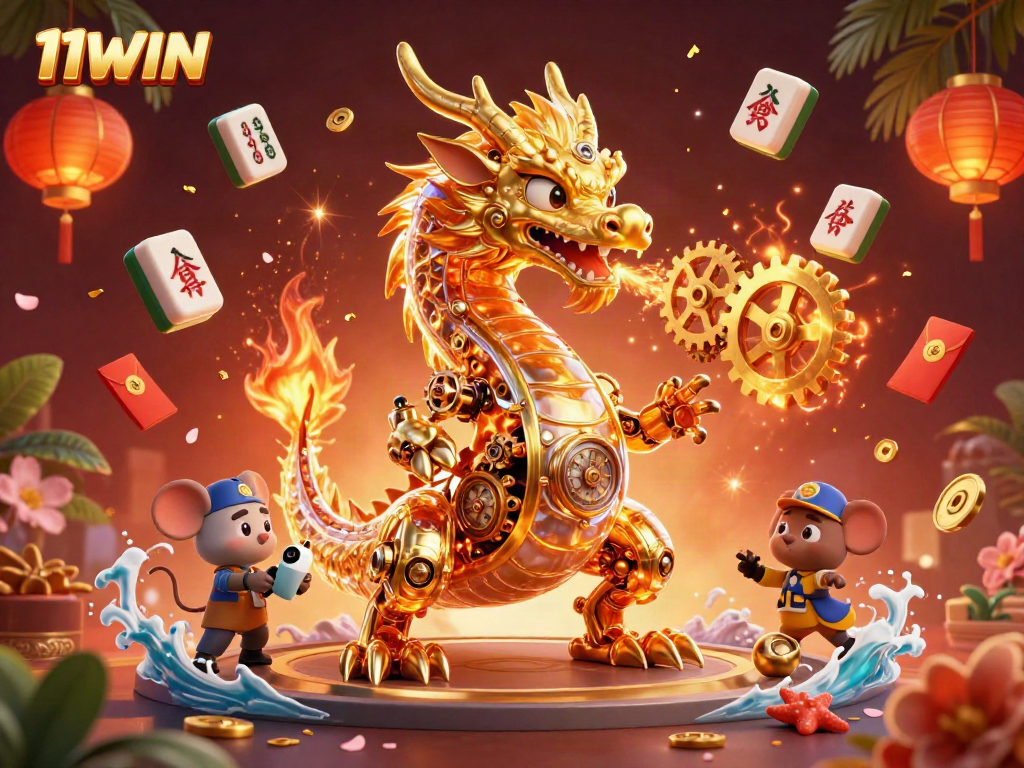 Experience thrilling gaming at 11WIN with a dynamic scene featuring golden dragon and vibrant game elements.