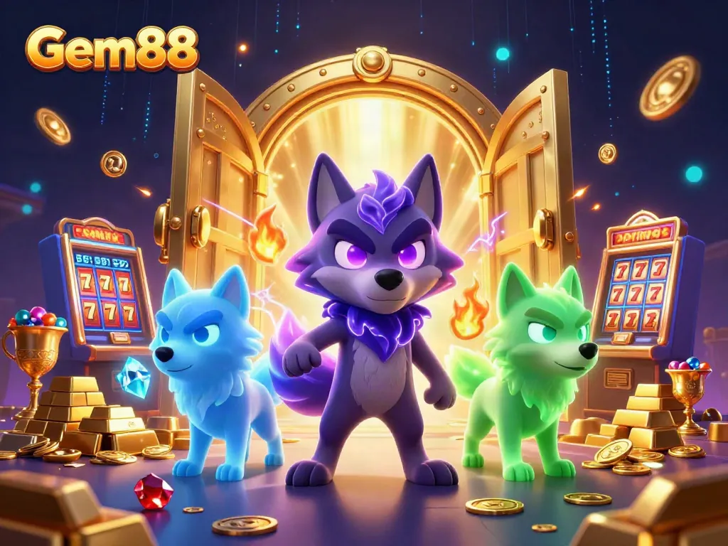 Experience thrilling slots at Gem88 with eye-catching wolf characters and treasure elements.