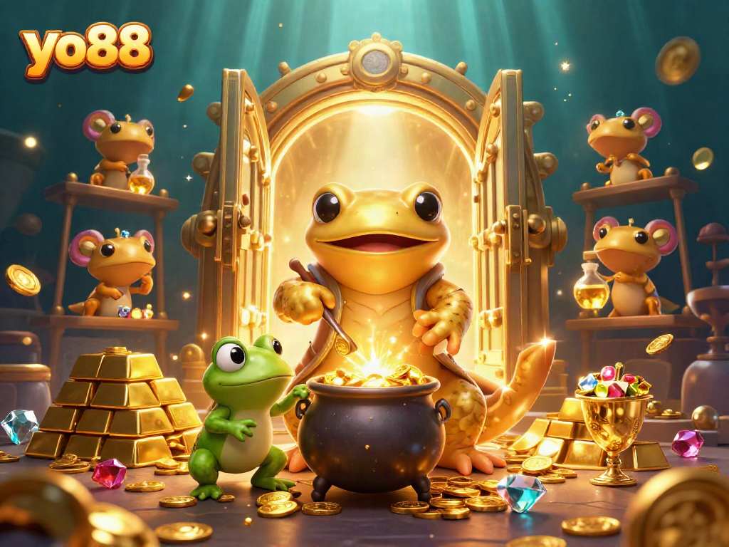 Join the excitement at yo88 with immersive gold transmutation by whimsical characters in a vibrant casino-themed scene.