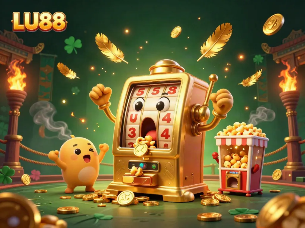 LU88's golden slot machine celebrates a jackpot victory, surrounded by baby slots and action-packed casino elements.