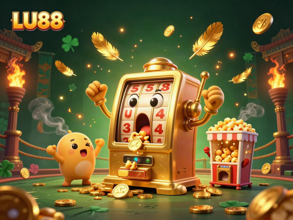 LU88's golden slot machine celebrates a jackpot victory, surrounded by baby slots and action-packed casino elements.