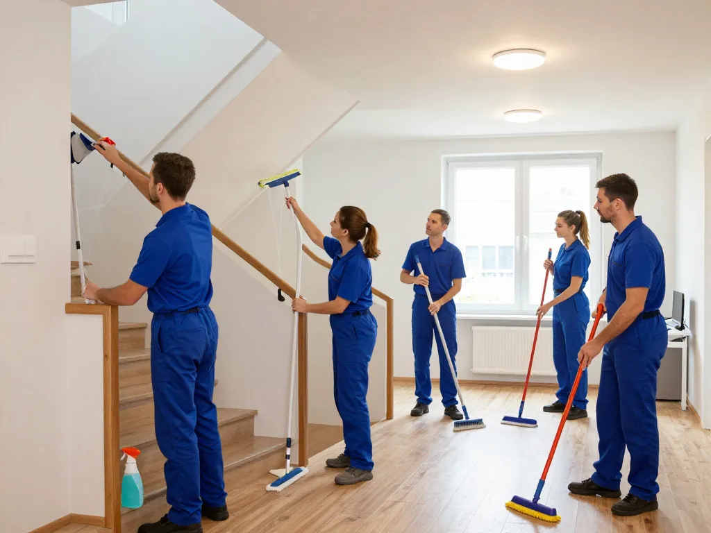 Treppenhaus reinigen lassen in Münster - Professionelles Reinigungsteam, das Treppen und Handläufe in einem gepflegten Wohngebäude revitalisiert.